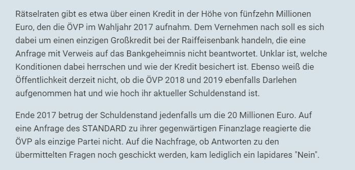 fabian_schmid's tweet photo. Auf unsere Anfrage, wie es um Kredite und Schuldenstand steht, antwortete die ÖVP als einzige Partei nicht. Eine Folge der Spenden-Recherchen? https://t.co/k37Hf5yPYL https://t.co/O5SxBeWZsk