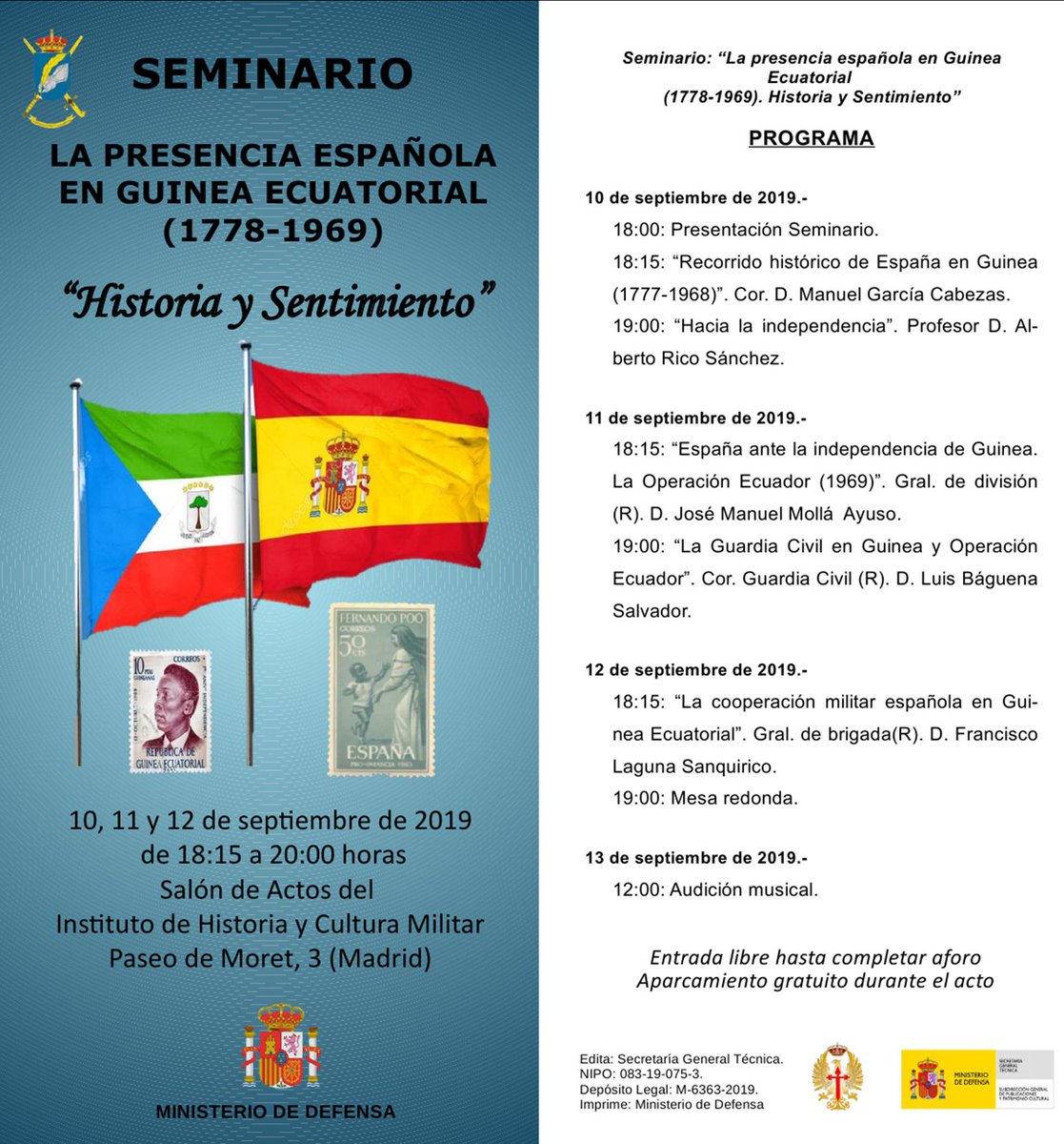 ArsMilitum's tweet photo. Ya tenemos la primera cita a la vuelta del periodo estival ofrecida por el @IHyCM_ET  (#HICM) entre los días 10 al 13 de septiembre: el seminario “La presencia española en Guinea Ecuatorial (1778-1969)”. https://t.co/EPA20flDHR