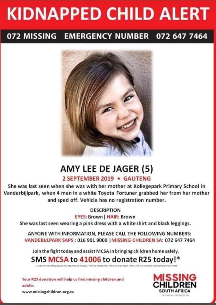 BrentLindeque's tweet photo. This is so incredibly disturbing. 5-year-old Amy Lee De Jager was kidnapped outside of her school in Vanderbijlpark this morning. #AmyLeeDeJager #KidnappedChildAlert #SouthAfrica https://t.co/yn2uXBVRrY