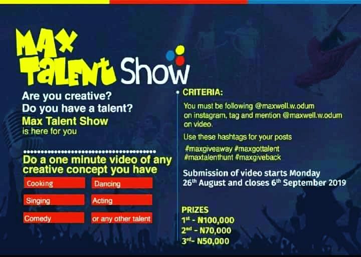 MbatradingCIL's tweet photo. Max Talent Show!  

Follow Instructions and send your Videos 
Entry closes 6th September 2019.
#unexpected 
#winners
#Maxtalentshow
#MaxBreakfast 
#Maxgiveaway https://t.co/VNw3No5Jma