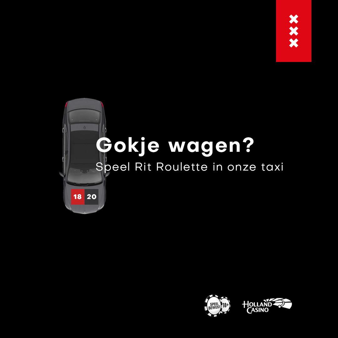 Er rijden 18 speciale Rit Roulette taxi’s door de stad. Stap in, speel mee en win een gratis rit en entree voor Holland Casino.