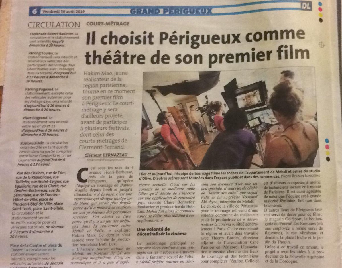 GroupeFiction's tweet photo. 😎 Article de la @DordogneLibre sur BABTOU FRAGILE de Hakim Mao produit par @bobiluxprod actuellement en tournage à #Perigueux. @LeCNC @NvelleAquitaine @ALCA_NAquitaine @cddordogne @Cinepassion24 https://t.co/Kmu1tgjsTh