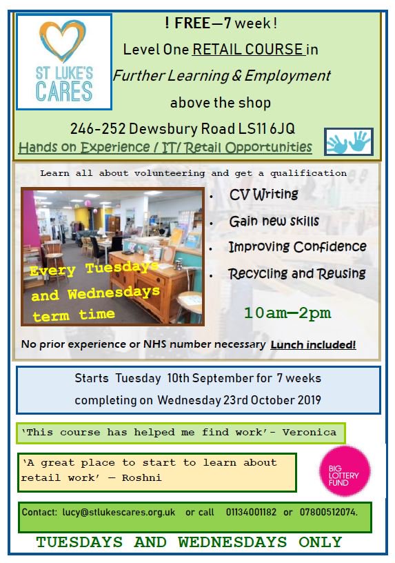 Want to get into Retail? @StLukesCares_DR are holding a 10 week Retail Course starting from 10th September. Come down for some hands on experience and take your first steps into starting your retail career #workinretail