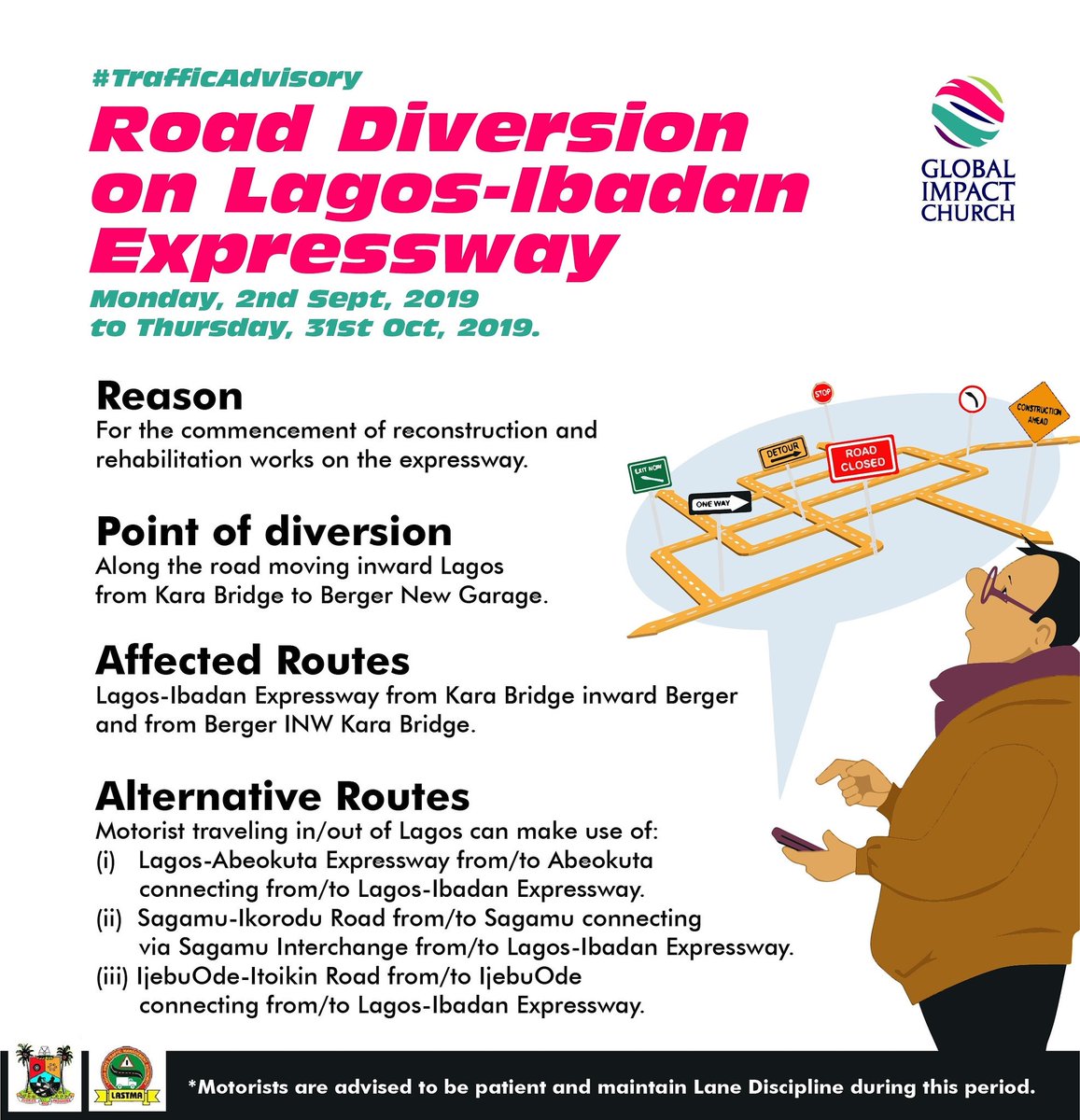 GlobalImpact_NG's tweet photo. Vehicles owners are advised to be patient and maintain Lane Discipline during this period.
#GlobalImpactNG
#September2019
#October2019
#LATSMA
#LagosNigeria
#lagosIbadanExpressway
#ChurchesInLagos
#LagosChurches https://t.co/M9BZDFDF5y
