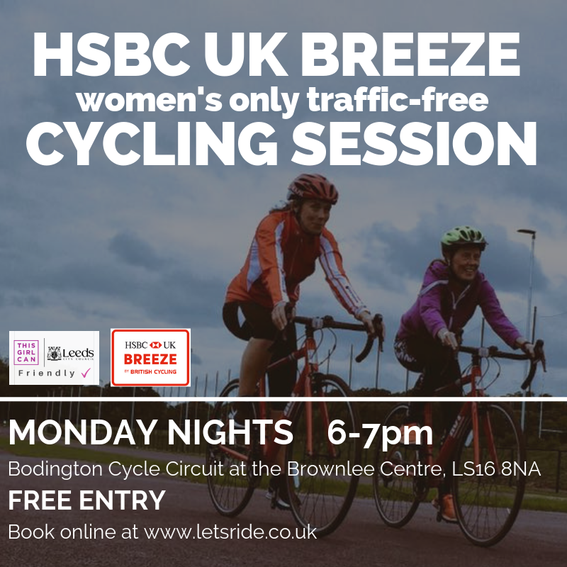 LeedsGirlsCan's tweet photo. Monday night cycling is back at the Brownlee Centre with the @HSBCUKBreeze Champions. Cycle the 1-mile traffic free circuit as many times as you can between 6 &amp; 7pm every Monday night. 
All abilities welcome. Free bike &amp; helmet hire. 
Book online at https://t.co/abv3IG8TUZ https://t.co/LhCyGNvwdp