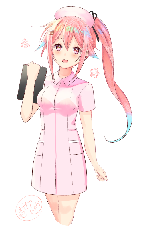 harusame (kancolle) 1girl solo nurse pink hair hat nurse cap side ponytail  illustration images