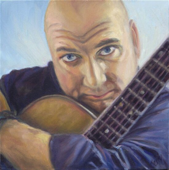 This friend of mine, a musician in that same fun style. He is always striking the most amusing poses, and I was lucky enough to snap a photo for reference of him hugging his guitar.I gift people their paintings when I choose to paint them - I don’t take commissions.