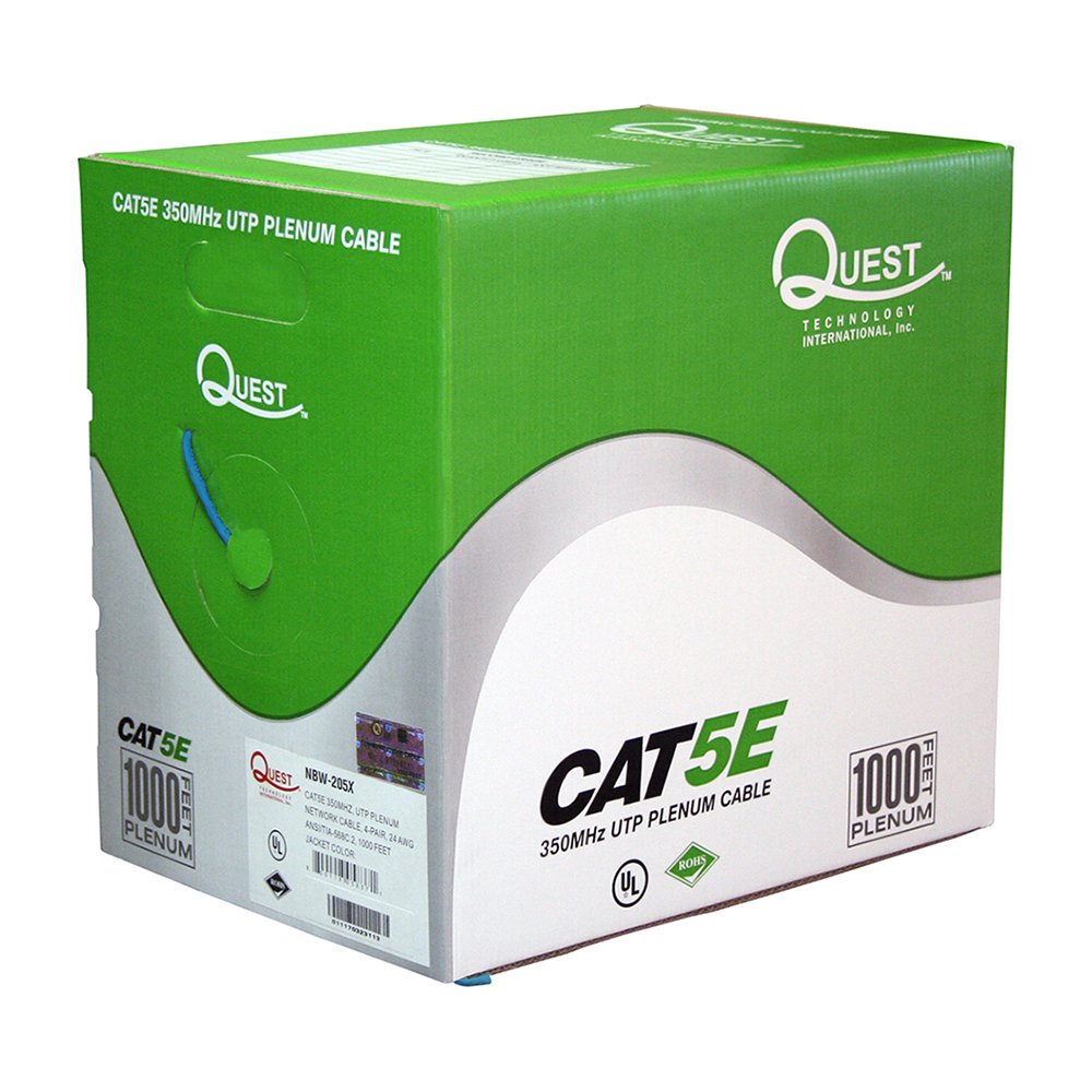 Quest NBW-1052 CAT5E UTP 350MHz Network Cable / 1000 ft. Box Blue
Ideal for high-speed UTP networks without shielding up to Cat5E 
1000 feet 
Constructed of 4 twisted pairs of bare copper wire 24 AWG 
External cable diameter: 5.3mm ± 0.2mm