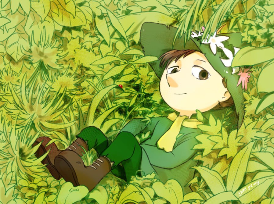 snufkinmac's tweet photo. Snufkin wonders if you can see him. He thinks he's very clever hiding in the foliage. #snufkin #Snusmumriken #Moomin #foliage #green https://t.co/M9mLWNHpMl