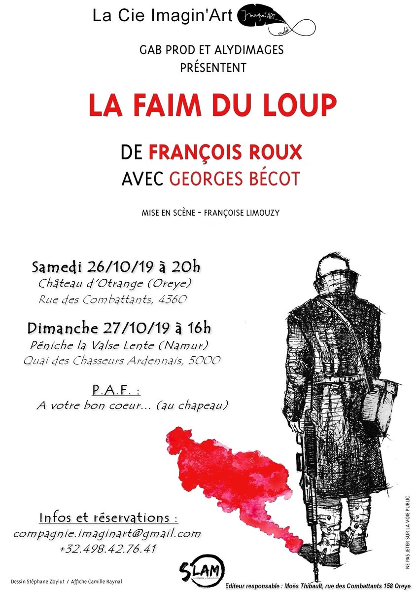 CieImaginArt's tweet photo. 1er projet produit cette année : "La faim du loup" avec @BecotGeorges . 2 mois pour réserver. Représentation au chapeau, réservations souhaitées nombre de places limité : compagnie.imaginart@gmail.com #LaFaimDuLoup #Théâtre #CieImaginArt #Oreye #Namur #Paris #Production https://t.co/DvMVDpMSQj