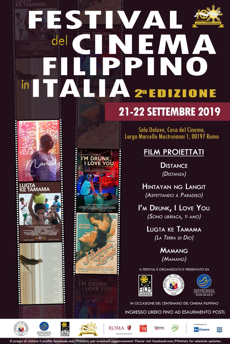 PHinItaly's tweet photo. L’Ambasciata della Repubblica delle Filippine a Roma ed il Sentro Rizal a Roma, in collaborazione con la Commissione delle Filippine per lo Sviluppo dei Films, terranno la 2° edizione del Festival del Cinema Filippino in Italia dal 21 al 22 sett.e 2019 presso la Casa del Cinema. https://t.co/99uUJkB3lx