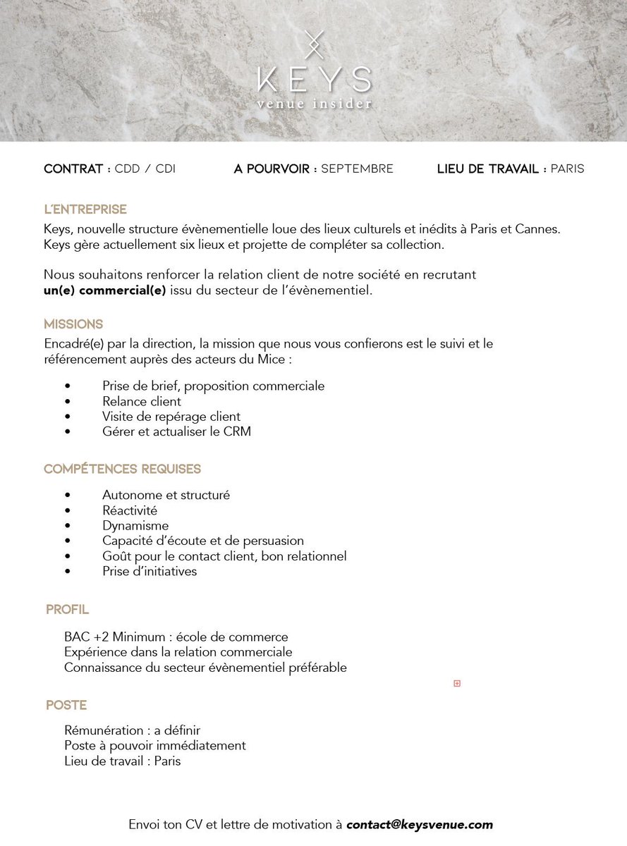 Keys s'agrandit et crée un poste de commercial junior ! Rejoignez la team !
Kiss Keys
#recrute #commercial #paris #evenementiel #Jobs