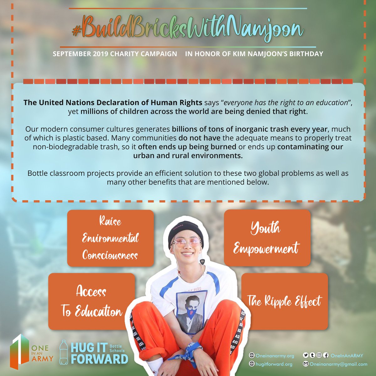 OneInAnARMY's tweet photo. 🐨OIAA's September Birthday Project♻️
🎁For Our Leader Namjoon🎂
We'll support @HugItForward to raise awareness about improved trash management methods by constructing bottle classrooms🏗♻️🏠
Donate here➡️ https://t.co/Ju0XuPkRO5
Use #BuildBricksWithNajmoon to show support💜 https://t.co/dPEuIsaRcy
