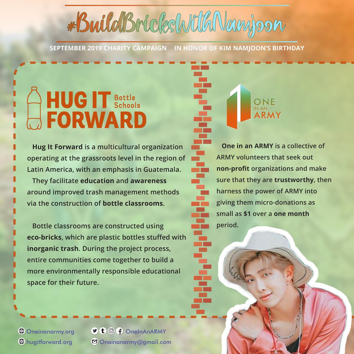 OneInAnARMY's tweet photo. 🐨OIAA's September Birthday Project♻️
🎁For Our Leader Namjoon🎂
We'll support @HugItForward to raise awareness about improved trash management methods by constructing bottle classrooms🏗♻️🏠
Donate here➡️ https://t.co/Ju0XuPkRO5
Use #BuildBricksWithNajmoon to show support💜 https://t.co/dPEuIsaRcy