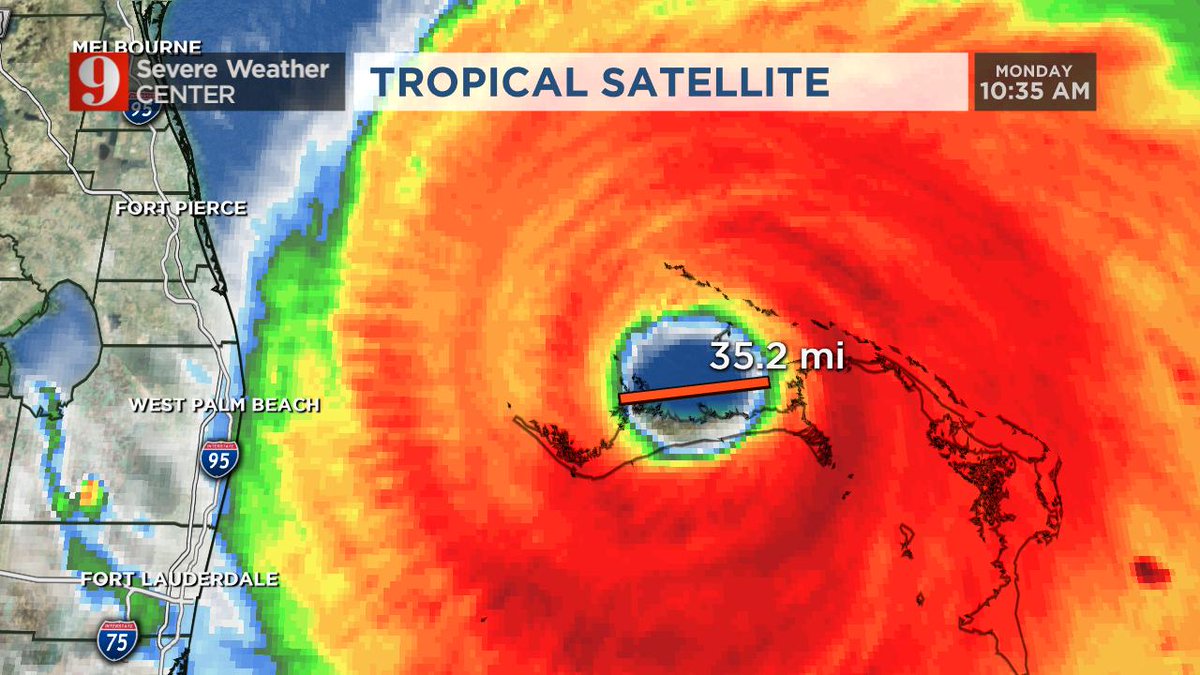 RustyMcCranie's tweet photo. Dorian's eye is now ~35 miles wide. It's amazing to think that parts of Grand Bahama have been inside the eye of Dorian for over 6 hours. https://t.co/BhBmXTQVBw