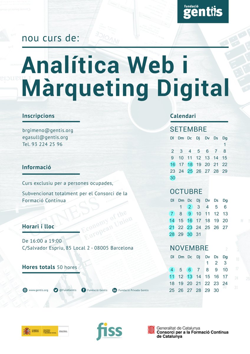 FundGentis's tweet image. Preparant-nos pel nou curs obrim temporada a #Barcelona amb una formació en #Màrketing #DigitalMarketing #AnalíticaWeb 1 0 0 %  S U B V E N C I O N A T #FormacióContínua Més info: egasull@gentis.org