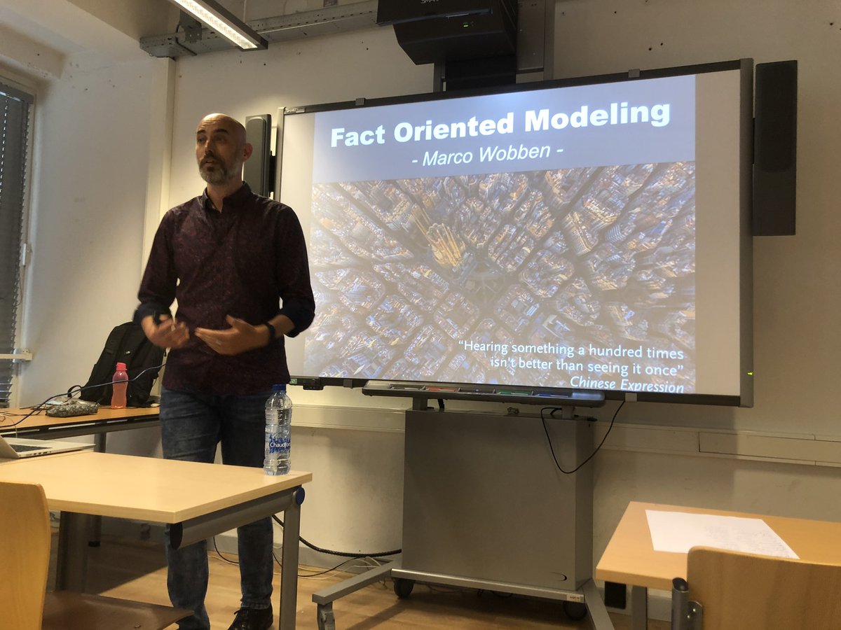 RonaldDamhof's tweet photo. The always brilliant @marcowobben explains #factbasedmodeling to the students of ‘data engineering’, ‘i am not talking about datamodels, but information models’ https://t.co/DNxbryNM7B