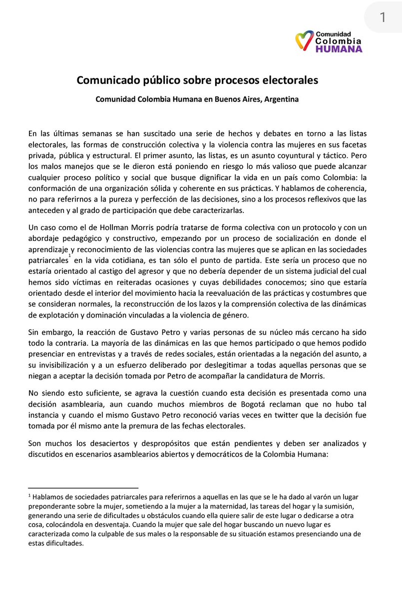ColHumanaARG's tweet photo. Durante los últimos 8 meses hemos hecho seguimiento a las discusiones públicas y orgánicas sobre las denuncias contra @HOLLMANMORRIS por violencia de género. Aquí nuestra lectura sobre las decisiones tomadas en torno al caso y el trato dado al tema al interior de la organización https://t.co/w10DEYAnDy