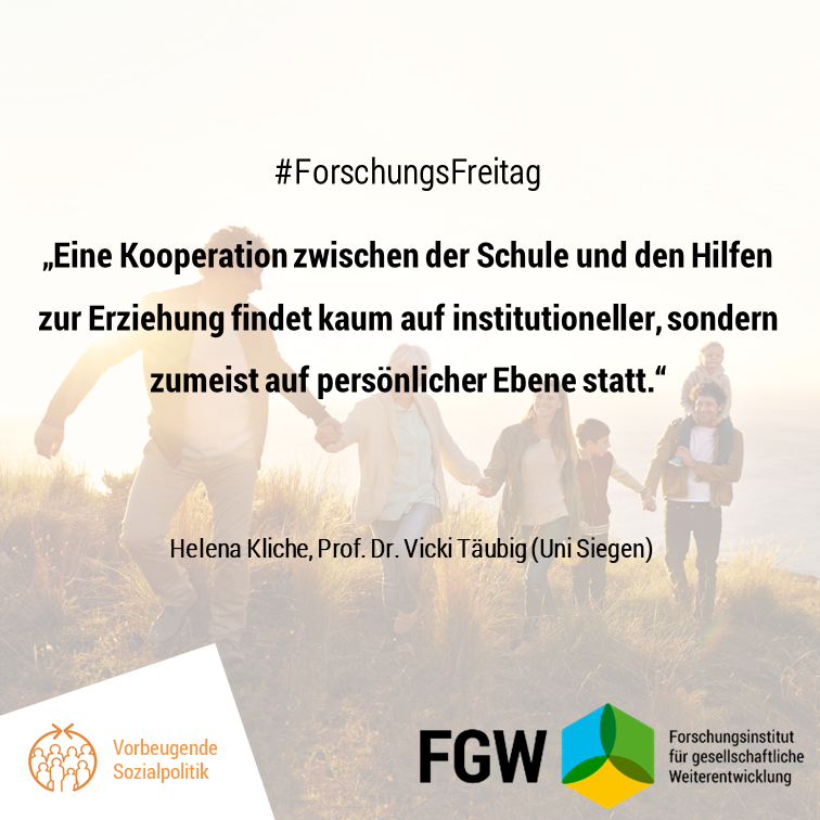 Die Studie von Vicky Täubig (<a href="/UniSiegen/">Universität Siegen</a>) fokussiert  Passungsverhältnisse zwischen  Hilfen zur Erziehung, Familie &amp; Schule anhand der Zusammenarbeit verschiedener Akteur*innen. #ForschungsFreitag fgw-nrw.de/studien/sozial…