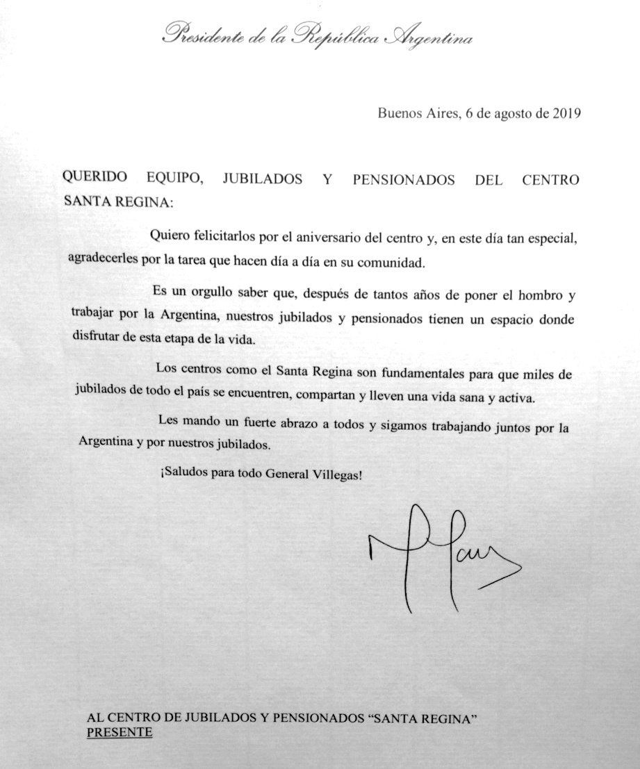 generalvillegas's tweet image. Reconocimiento de Presidencia de la Nación en un nuevo Aniversario del Centro de Jubilados y Pensionados de Santa Regina