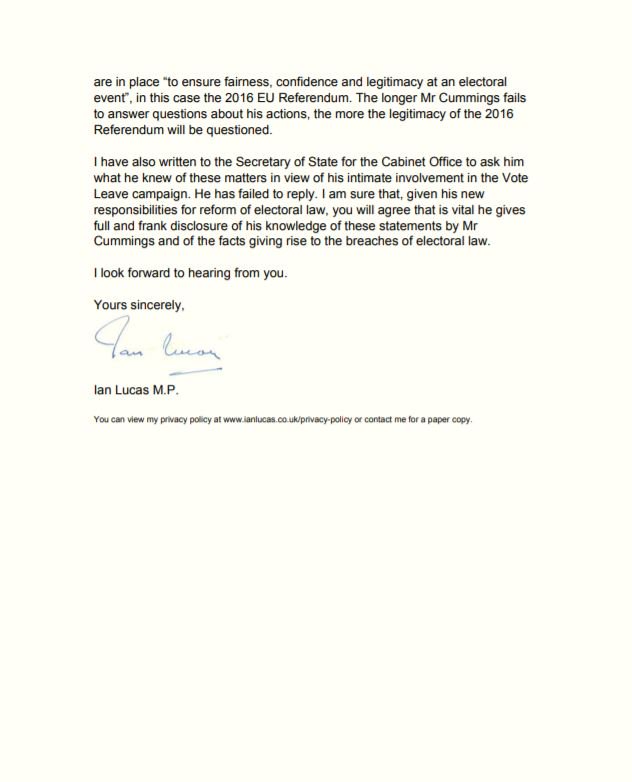 A further letter from me to Boris Johnson, detailing the actions of Dominic Cummings prior to the EU referendum. Mr Cummings needs to give evidence to the DCMS Select Committee
