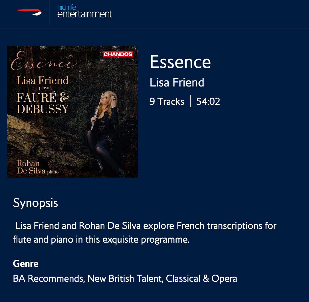 Lisa Friend (@lisafriendflute) on Twitter photo Delighted that <a href="/British_Airways/">British Airways</a> have added our album ‘Essence’ (<a href="/ChandosRecords/">Chandos Records</a> ) to their Highlife Entertainment audio list. #chandosrecords #lisafriendflute <a href="/lisafriendflute/">Lisa Friend</a> #rohandesilva Delighted that <a href="/British_Airways/">British Airways</a> have added our album ‘Essence’ (<a href="/ChandosRecords/">Chandos Records</a> ) to their Highlife Entertainment audio list. #chandosrecords #lisafriendflute <a href="/lisafriendflute/">Lisa Friend</a> #rohandesilva