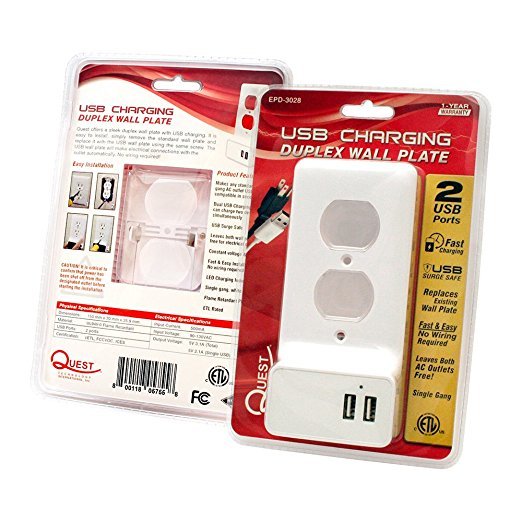 USB 2.1 Charging Wall Plate 2 Ports, Single-Gang, White, No Wiring Required