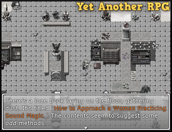 A screenshot of Yet Another RPG. Arial is reading a book, where the text reads: "There's a lone book laying on the floor, gathering dust. It's titled 'How to Approach a Woman Practicing Sound Magic.' The contents seem to suggest some odd methods..."