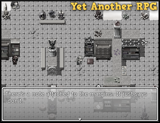 A screenshot of Yet Another RPG. Arial continues to read the book. The text says "There's a note attached to the margins. It just says 'don't.'"