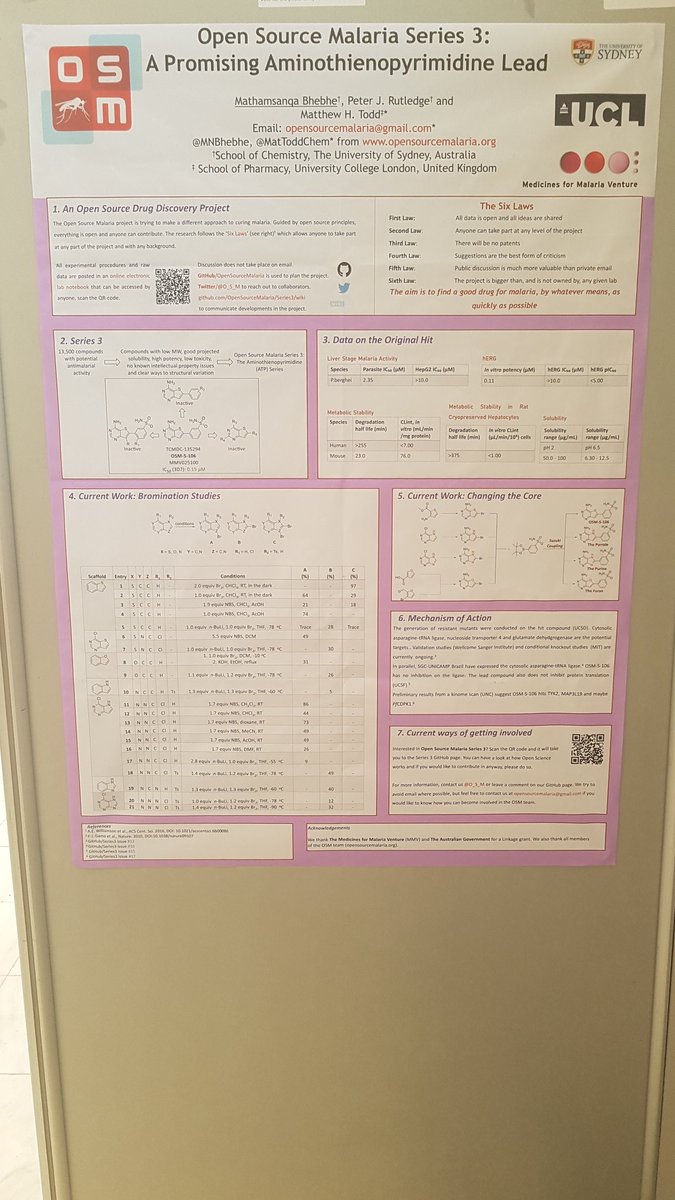 Representing <a href="/O_S_M/">Open Source Malaria</a> Series 3 at #EFMC_ASMC19. Come check out my poster today and tomorrow and on Thursday at #EFMC_YCMS