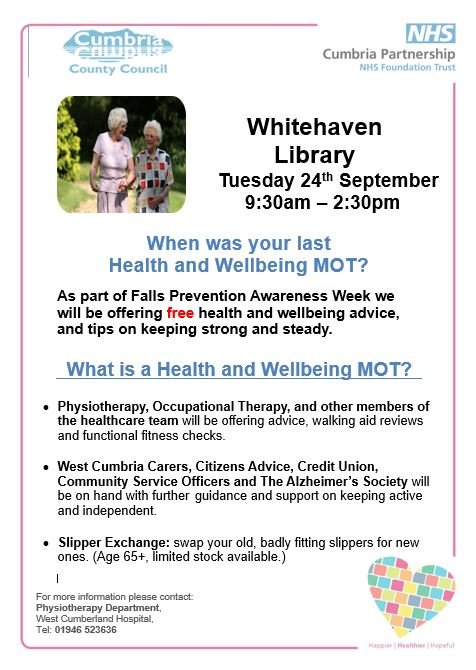 When was your last Health and Wellbeing MOT? 😊
As part of Falls Prevention Awareness Week we will be offering free health and wellbeing advice, and tips on keeping strong and steady.
⏰ 9:30am – 2:30pm
🗓️ Tuesday 24th September