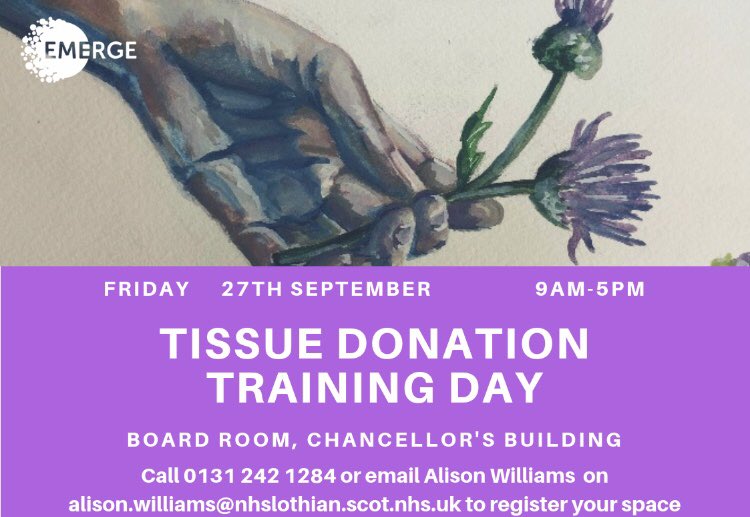 AlisonEsme1411's tweet photo. #organdonationweek
All Emergency/acute care staff welcome to attend TD training day @ERI on Friday 27th September.
Let us help you make this approach and enhance life’s. #TDintheED #Tissuematters @emerge_research @scotorgandonor #nurseledQualityimprovement @EdinburghEM https://t.co/t4cy8VNZAD
