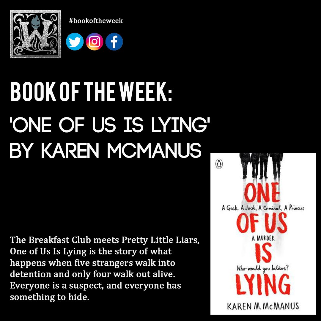 WriteFiction's tweet image. This week&apos;s book of the week is &apos;One of Us Is Lying &apos; by Karen McManus.

Five strangers walk into detention and only four walk out alive. Everyone is a suspect, and everyone has something to hide. 

Has anyone read it?! Let us know your thoughts...

#oneofusislying