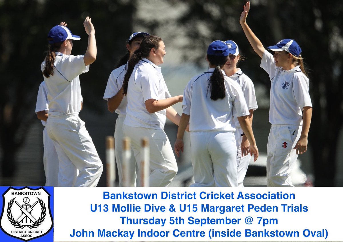 BSWCC1's tweet photo. Bankstown DCA U13 and U15 Girls trials - Thursday 5th September @ 7pm #molliedive #margaretpeden #youthchampionships #girlscricket #repcricket #bankstown #dca #trials #pathway https://t.co/Ibw2CA9EXH