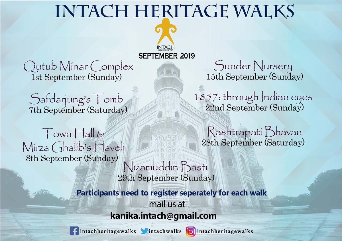 Check out our calendar for September :) The registration for the walks are on first-come, first-served basis only. To register for the walks, please drop us an email at kanika.intach@gmail.com #intachheritagewalks #intachdelhichapter #historyofdelhi #delhi #explore