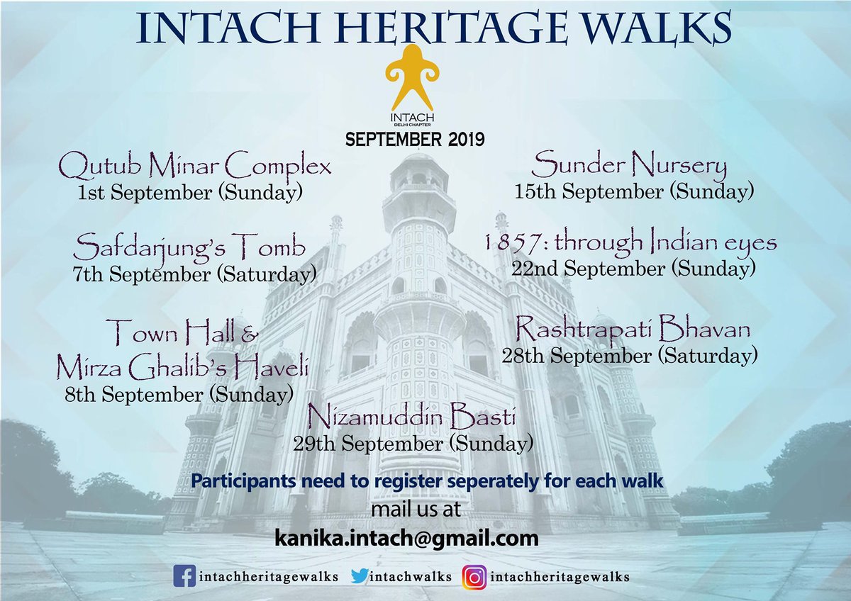 INTACH DELHI CHAPTER (@intachwalks) on Twitter photo Check out our calendar for September :)
The registration for the walks are on first-come, first-served basis only.
To register for the walks, please drop us an email at kanika.intach@gmail.com
#intachheritagewalks #intachdelhichapter #historyofdelhi #delhi #explore Check out our calendar for September :)
The registration for the walks are on first-come, first-served basis only.
To register for the walks, please drop us an email at kanika.intach@gmail.com
#intachheritagewalks #intachdelhichapter #historyofdelhi #delhi #explore
