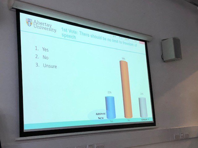 VevoxAlan's tweet photo. A really involved and fun audience at last weeks #TurningPoint student polling Lunch &amp; Learn session 
@AbertayUni (Abertay University). Huge thanks to Carol Maxwell &amp; Liam Hutchinson, TELS Team, for their support in  hosting #EngageAllLearners #edtech https://t.co/vrCm9N8RTk