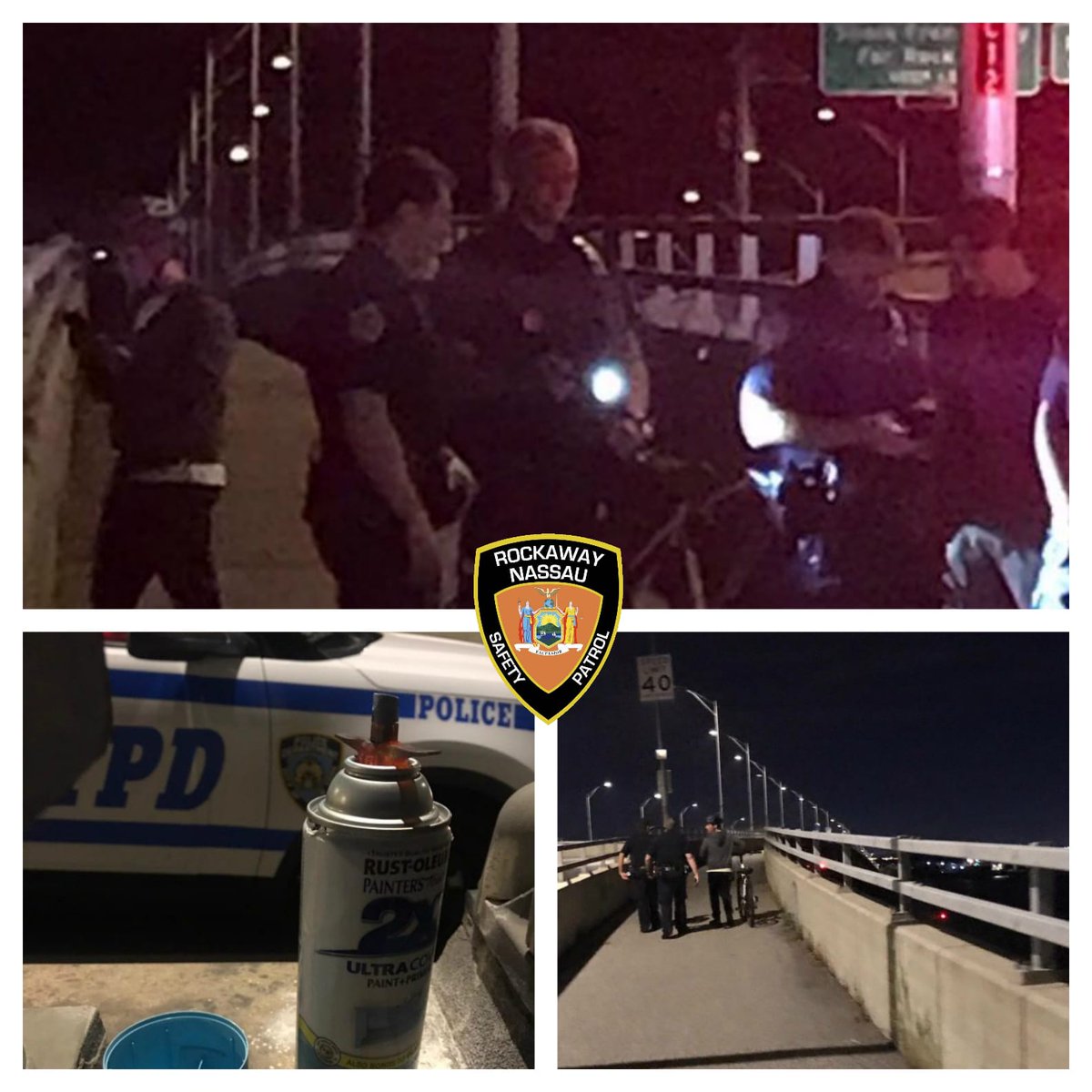 RockawayNassau's tweet photo. #TwoUnder for vandalism. Great job by #RNSP units who maintained a visual of 2 males scrawling graffiti on the Cross Bay Veterans Memorial Bridge. Officers from @NYPD100Pct arrived swiftly to catch the pair in the act and arrest them for vandalizing public property. https://t.co/um2QYSm2IB