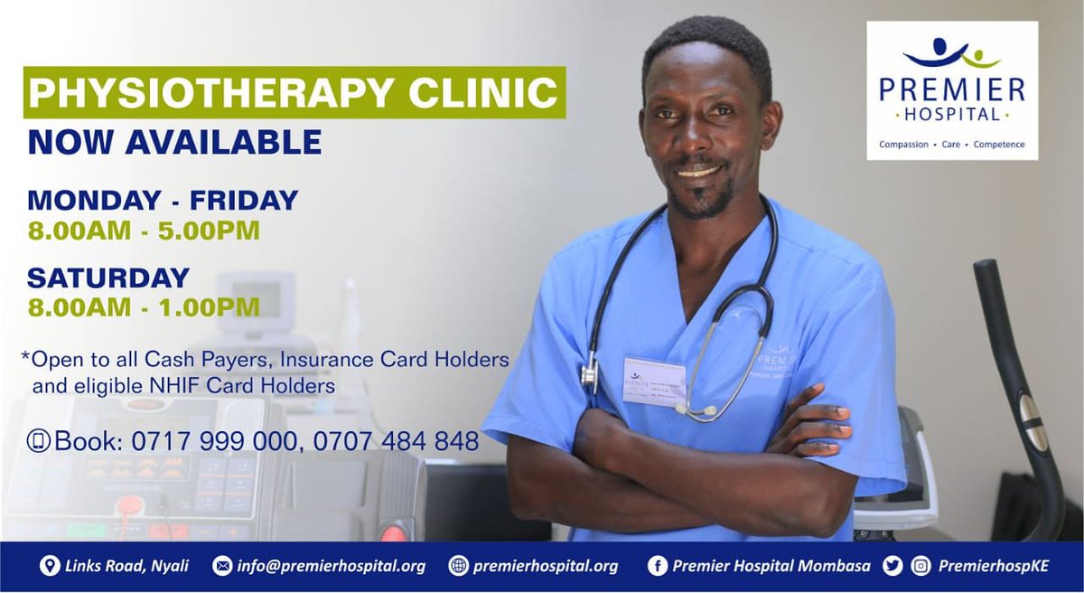 PremierHospKE's tweet photo. Welcome to our physiotherapy clinic.
We are open monday through to Saturday and we can't wait to see and serve you.
Also... Open to all, whether paying via Cash, insurance or as an eligible Nhif card holder.
Karibu Premier
#Teampremier
#Compassioncarecompetence https://t.co/fIb8DegDJm
