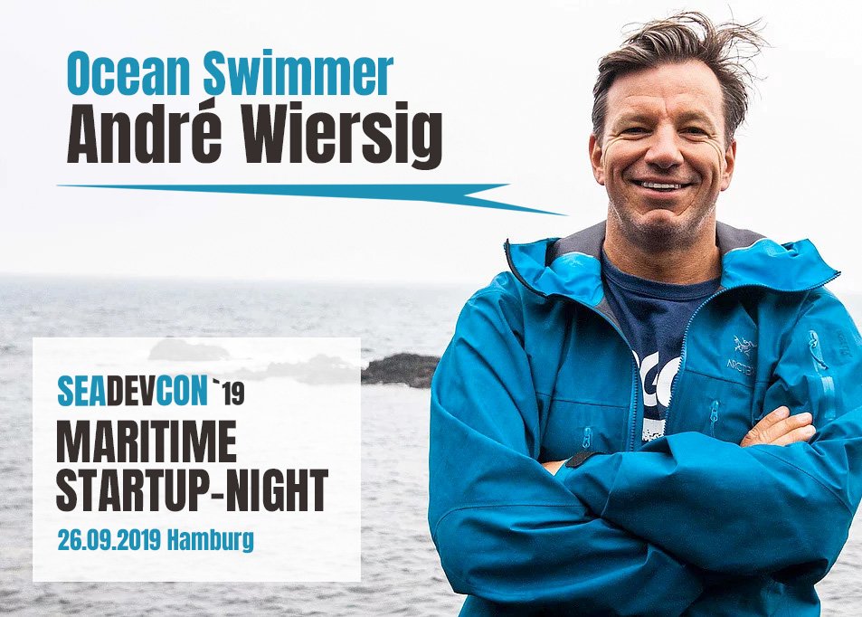 seadevcon1's tweet photo. Extreme Swimmer André Wiersig is one of the speakers at Maritime Startup-Night at @seadevcon19. He was the first German to master the "Ocean's Seven". He will give a 20 Min speech, about his motivation methods and also, what will be his next adventure. https://t.co/doTzbVG4eX https://t.co/TO1x05MsRY