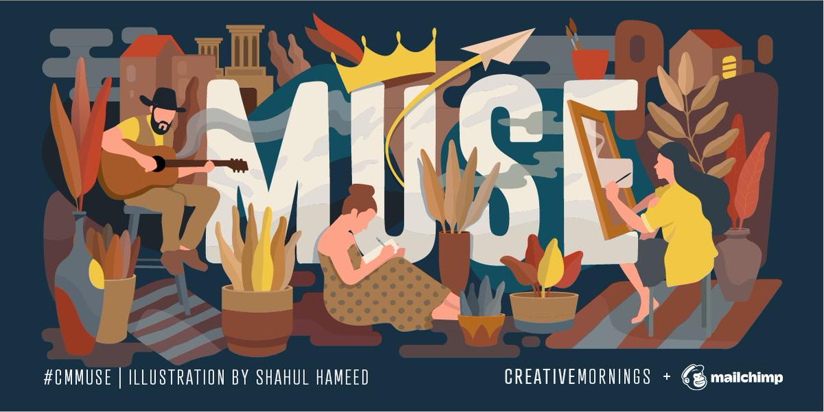 Edinburgh_CM's tweet photo. Hi morning pals! September's theme is Muse, presented globally by @Mailchimp! Check out @shahulsalu' s gorgeous illustration!
 
And save the date for our #CMMuse event: Friday 27th September. We're back at @BoConceptScot on Rose Street!
#CMEdi #CreativeMornings #Edinburgh #Events https://t.co/lGt5KDzaBt