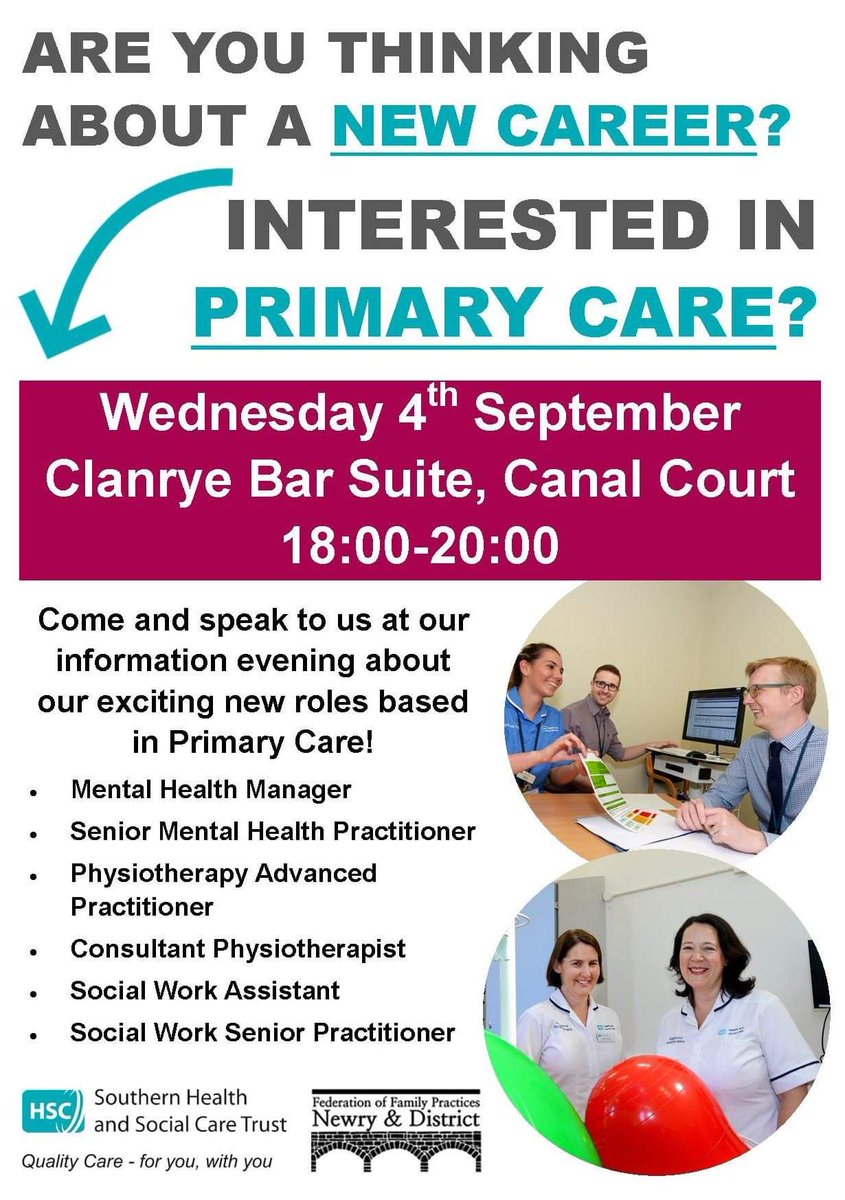 *Reminder*  Our MDT Drop in information session is taking place this Wednesday 4th September 6pm-8pm in the Canal Court Hotel Newry. Come along to speak to us and learn more about these exciting new roles! #CareNavigation #DeliveringTogether