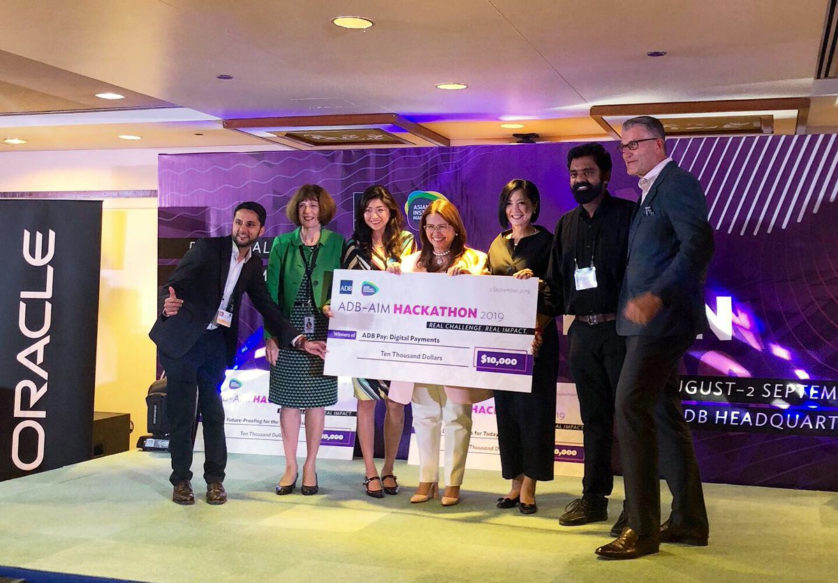ADB_HQ's tweet image. Congratulations to the winners of the 2nd ADB-AIM Hackathon!

Digital Payments: 
FlexM 🇸🇬 
Future-Proofing for the Water Crisis: Agua Wireless Systems 🇮🇳
Digital Skills for Today’s Workforce: Gnowbe 🇸🇬and Eskwelabs 🇵🇭 

See you at the next hackathon! 
#ADBhackathon #Hack4Dev