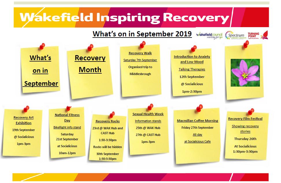 TurningPointIR's tweet photo. We're already in September and its #RecoveryMonth Take a look at our upcoming events on our September Pin-Board #WhatsOnWakefield #WakefieldEvents #WakefieldSupport #WakefieldServices https://t.co/UnKw04nBgu