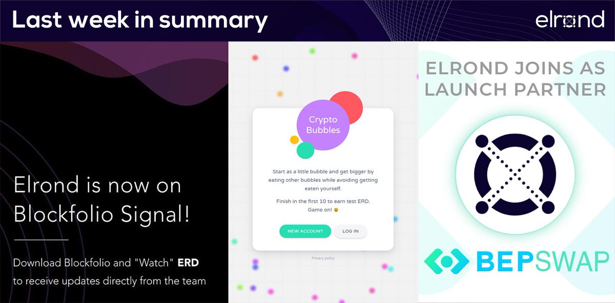 MultiversX's tweet photo. Last week in Elrond

1️⃣ https://t.co/W522fTdL6z tournament 
2️⃣ https://t.co/StWQyo4LMi launch partner
3️⃣ Elrond on @Blockfolio 
4️⃣ Sent our newsletter to ~8000 people
5️⃣ Weekly Tech Update
✅ 1500 new https://t.co/W522fTdL6z accounts
✅ Community rewards: 200+ people &amp; 7MIL ERD https://t.co/HFkX9JKmnQ