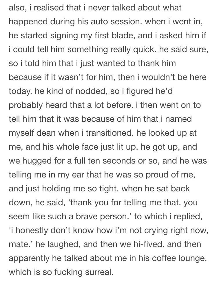 This is from a trans fan who met Jensen.  @deanjksmith, you're loved brother.