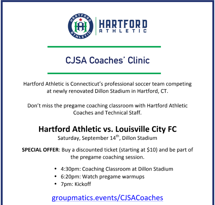 CJSA's tweet photo. 📢 NEW COACHING COURSE: SEPTEMBER 14TH WITH @hfdathletic !! ⬇️⚽
Details can be found here: https://t.co/fvbNhdSlsw
#CJSA #CoachingEducation #SupportCTSoccer #HartfordAthletic https://t.co/FuJ2t3liiu