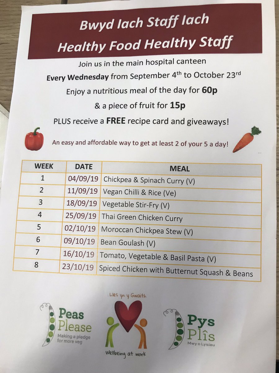 GraystonSteven's tweet photo. Just had the most excellent lunch as part of the Healthy food Healthy staff initiative at #BCUHB supporting staff to eat healthily on a budget. Starts on 4.9.19 for 8 weeks, 60p a meal and 15p for a piece of fruit. Wrexham canteen. All staff welcome https://t.co/UuYy9y1zxV