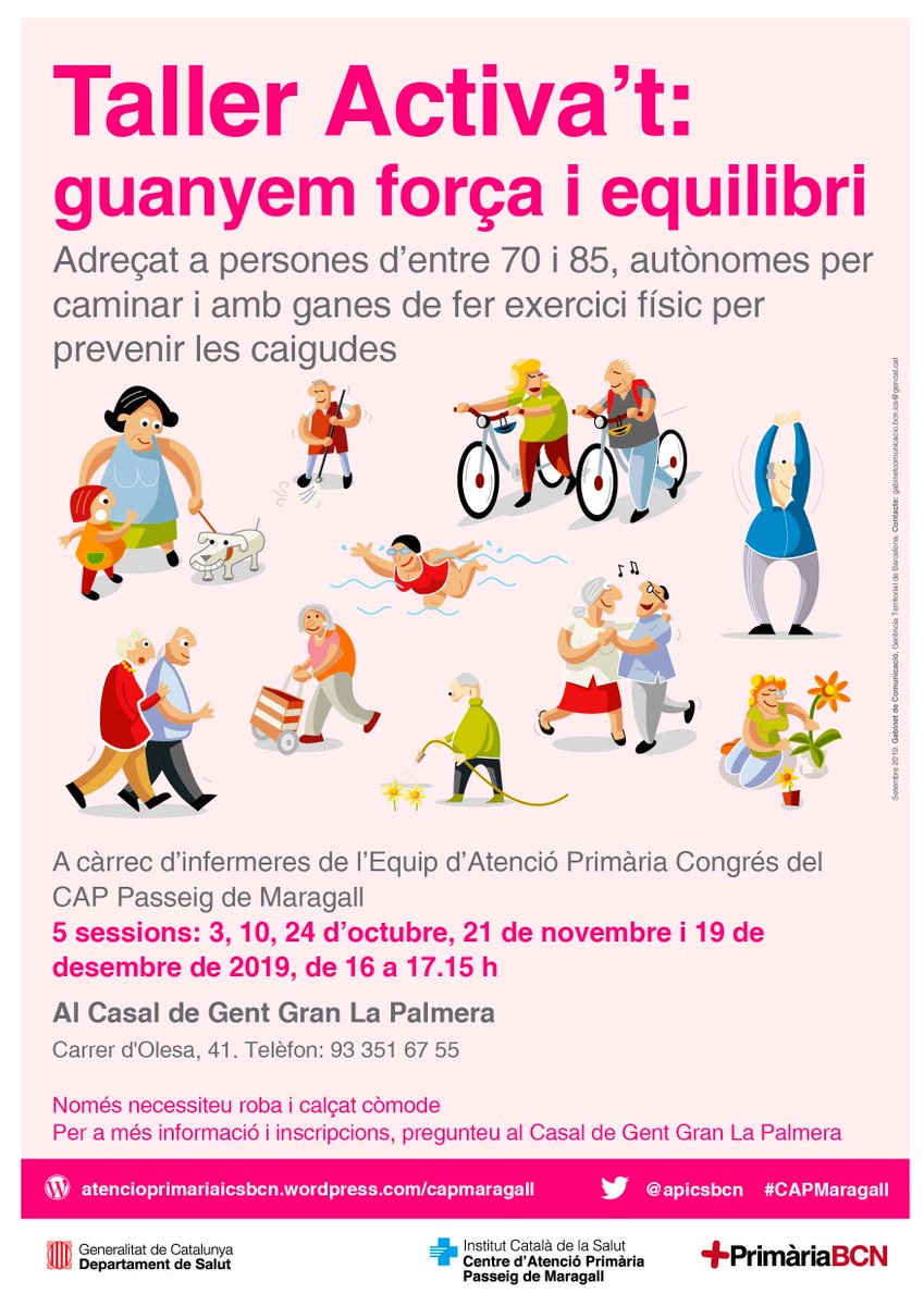 primariaicscat's tweet photo. A partir del 3 d'octubre, infermeres de l'Equip d'Atenció Primària Congrés del #CAPMaragall realitzaran 5 sessions al Casal de Gent Gran La Palmera sobre activitat física per a persones grans. Si estàs interessat a participar-hi, informa-te'n al casal! https://t.co/JtorYqDp5h