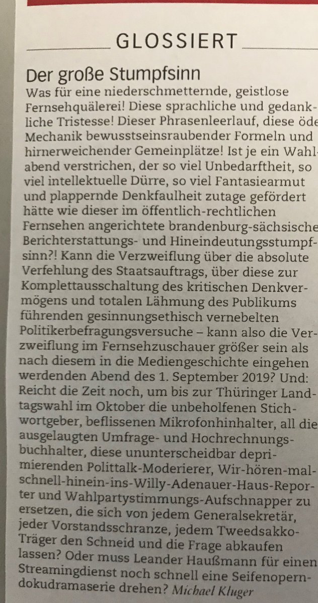 Das war einer der schlimmsten Wahlabende seit Menschengedenken. Wegen des Ergebnisses? Nein. Wegen der Berichterstattung im Fernsehen. Ohne Übertreibung ;-)
#Wahlen #Sachsenwahl #Brandenburgwahl #ARD #ZDF #TalkShow #AfD #Demokratie #Fernsehen